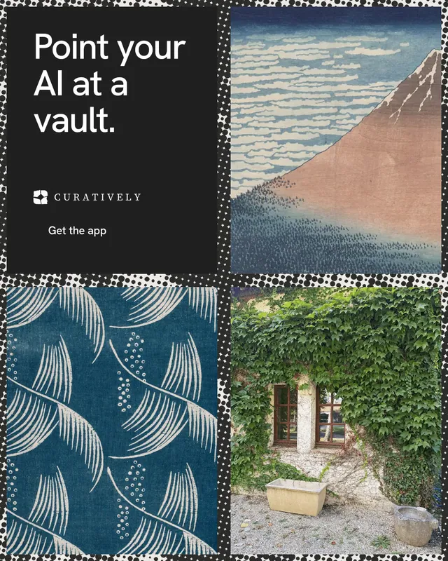 Instagram portrait post for Curatively: "Point your AI at a vault." Swiss style, collage layout, dark palette in grey, black.