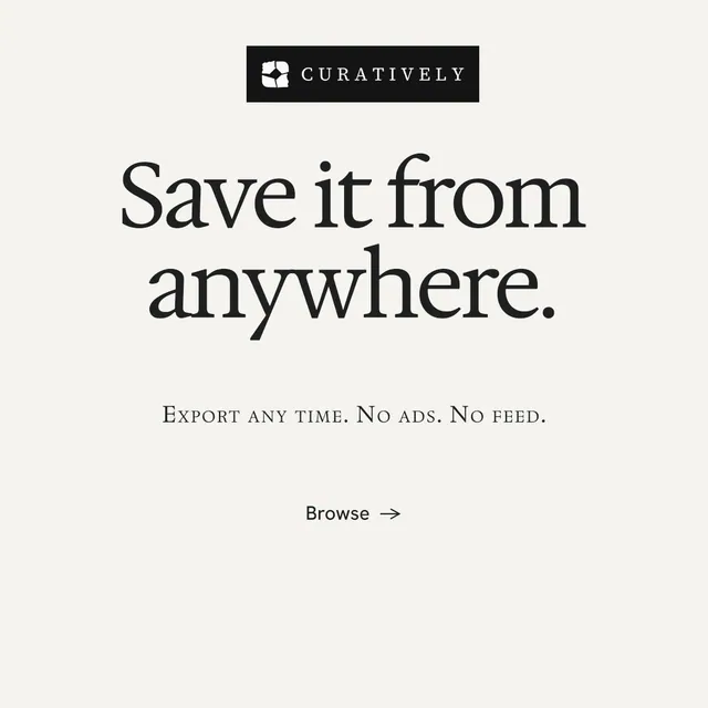 Instagram post for Curatively: "Save it from anywhere." Swiss style, smallcaps layout, light palette in white, grey.