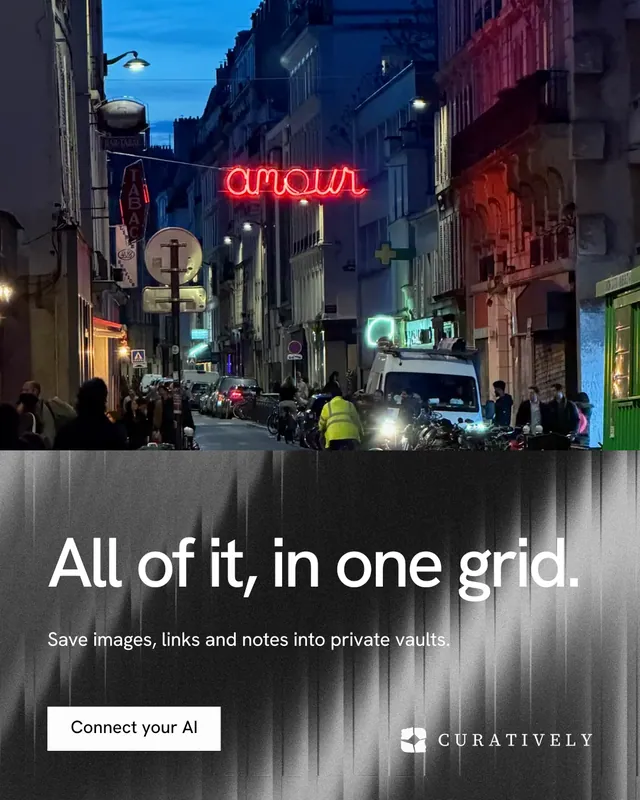 Instagram portrait post for Curatively: "All of it, in one grid." Swiss style, bottom layout, dark palette in black, grey, blue.