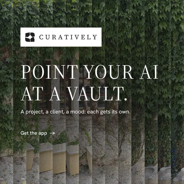 Instagram post for Curatively: "Point your AI at a vault." Minimal luxury style, announce layout, dark palette in black, grey.