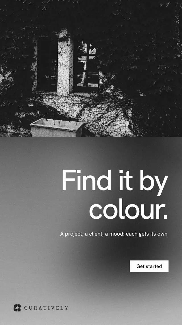 Instagram story for Curatively: "Find it by colour." Swiss style, right layout, dark palette in black, grey.