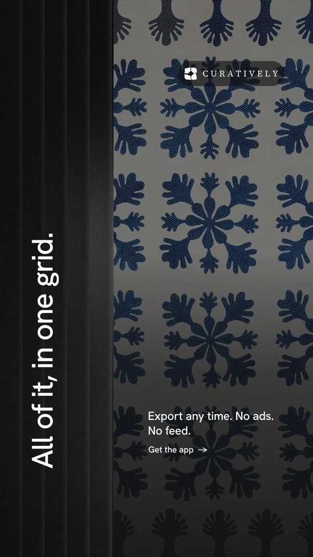 Instagram story for Curatively: "All of it, in one grid." Minimal luxury style, vertical layout, dark palette in black, grey.