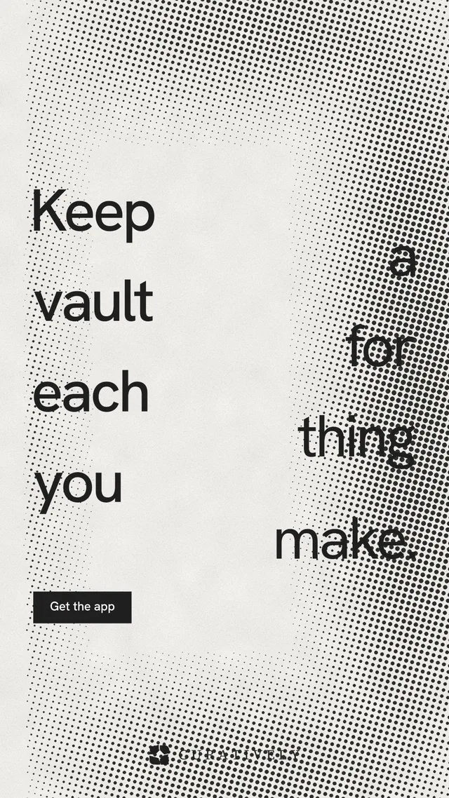 Instagram story for Curatively: "Keep a vault for each thing you make." Swiss style, stacked layout, light palette in grey, white.