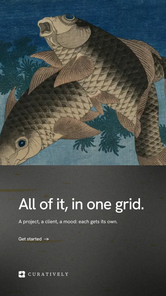 Instagram story for Curatively: "All of it, in one grid." Minimal luxury style, bottom layout, dark palette in blue, grey, black.