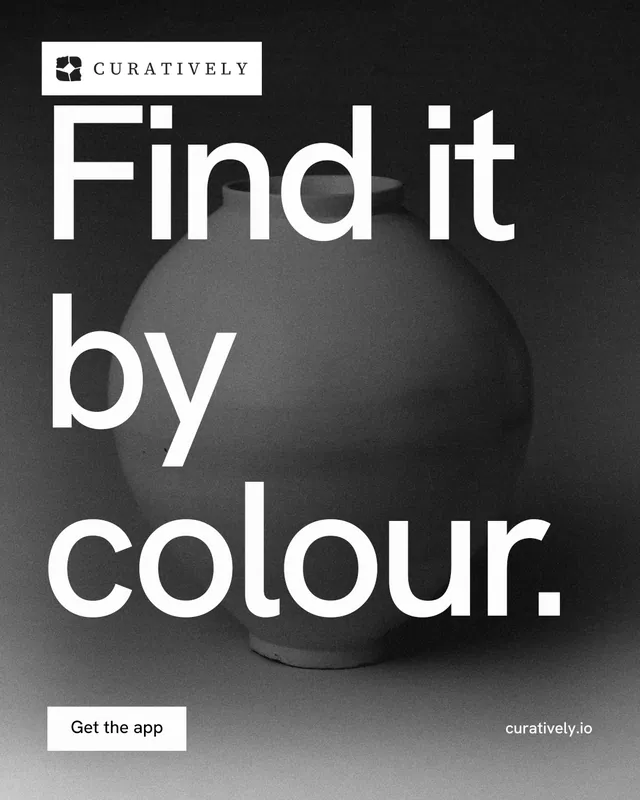 Instagram portrait post for Curatively: "Find it by colour." Swiss style, poster layout, dark palette in grey, black.
