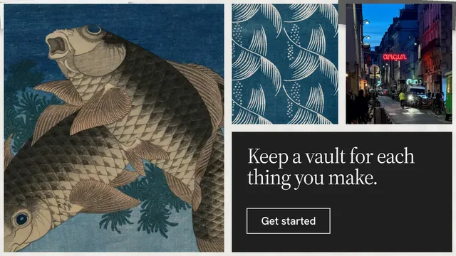Landscape graphic for Curatively: "Keep a vault for each thing you make." Editorial style, collage layout, dark palette in grey, black, blue.