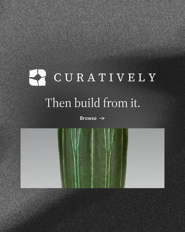 Instagram portrait post for Curatively: "Then build from it." Minimal luxury style, logo hero layout, dark palette in black, grey.