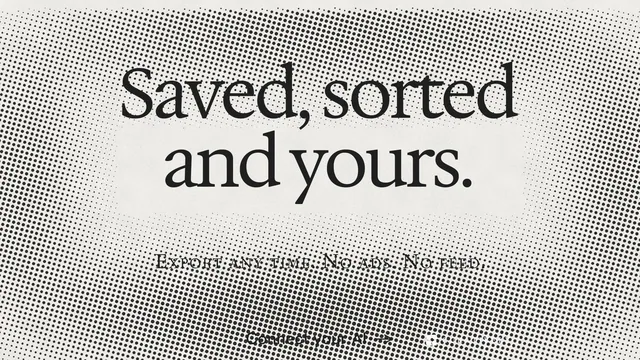 Landscape graphic for Curatively: "Saved, sorted and yours." Swiss style, smallcaps layout, light palette in grey, white.