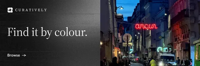 X header for Curatively: "Find it by colour." Minimal luxury style, bottom layout, dark palette in black, grey.