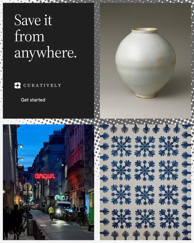 Instagram portrait post for Curatively: "Save it from anywhere." Split block style, collage layout, dark palette in black, grey.