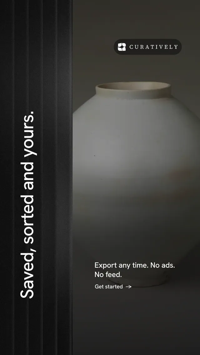 Instagram story for Curatively: "Saved, sorted and yours." Minimal luxury style, vertical layout, dark palette in black, grey.