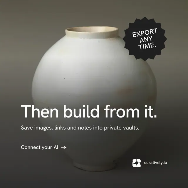 Instagram post for Curatively: "Then build from it." Minimal luxury style, sticker layout, dark palette in grey, black.
