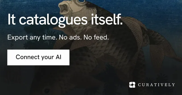 Social ad for Curatively: "It catalogues itself." Swiss style, skeleton layout, dark palette in black, blue, grey.