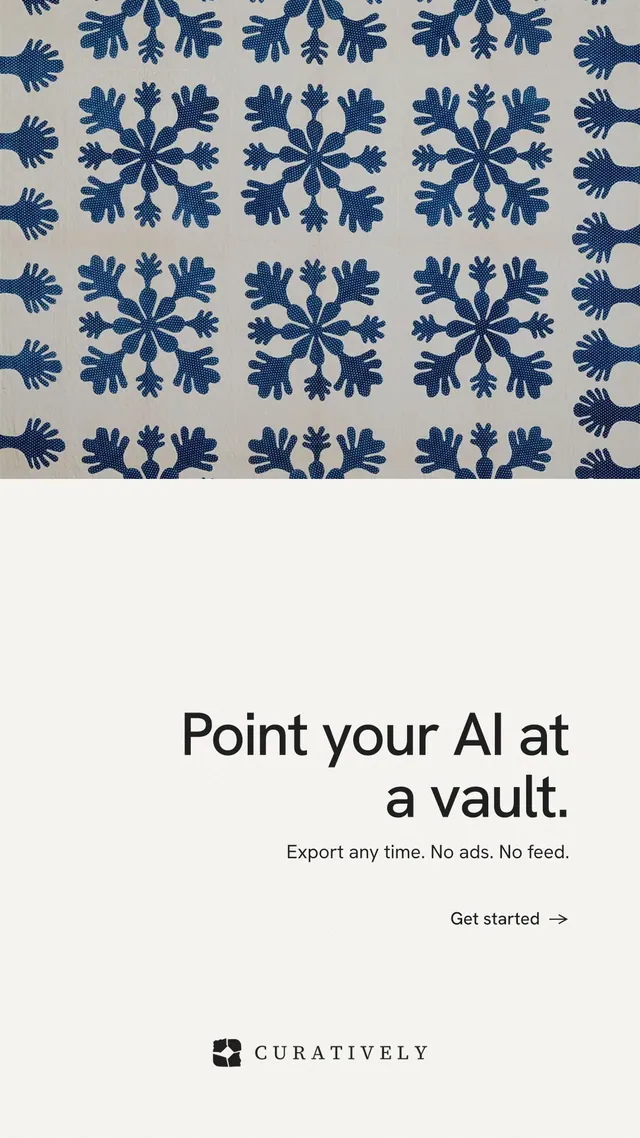 Instagram story for Curatively: "Point your AI at a vault." Minimal luxury style, right layout, light palette in white, grey.