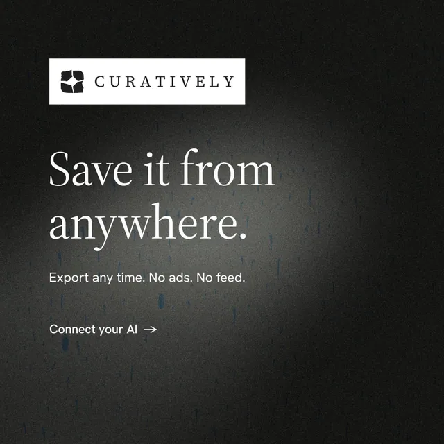 Instagram post for Curatively: "Save it from anywhere." Minimal luxury style, announce layout, dark palette in black, grey.
