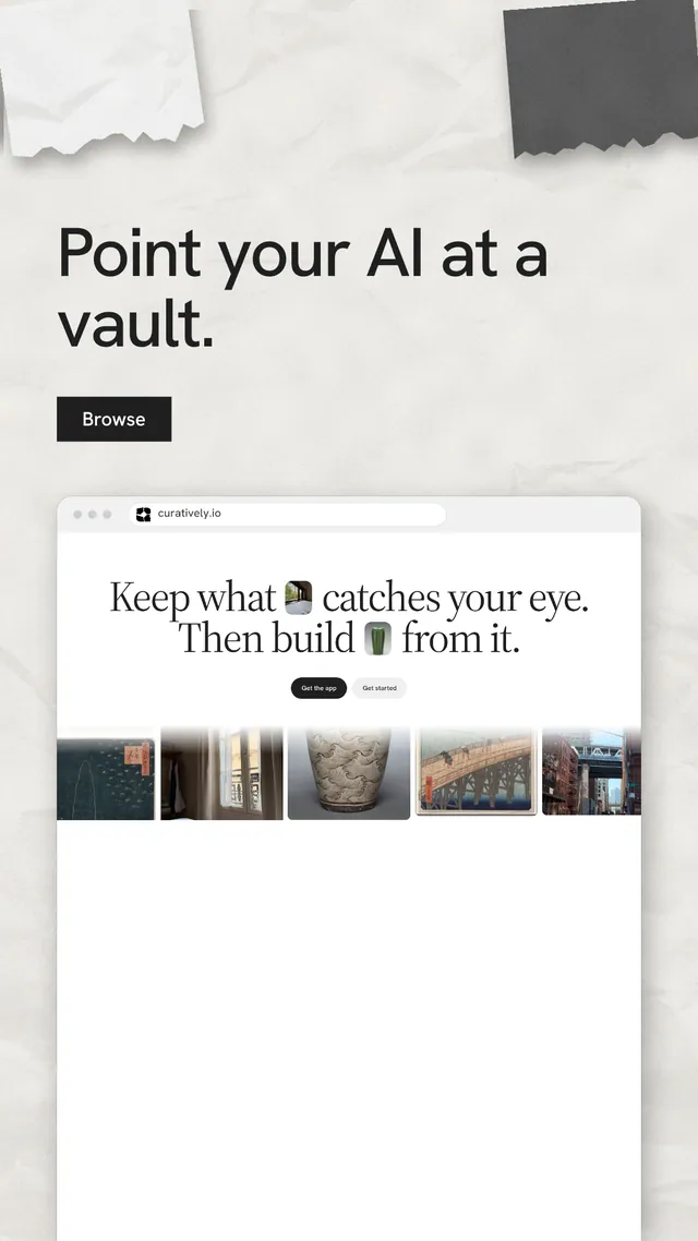 Instagram story for Curatively: "Point your AI at a vault." Retro print style, browser layout, light palette in white, grey.