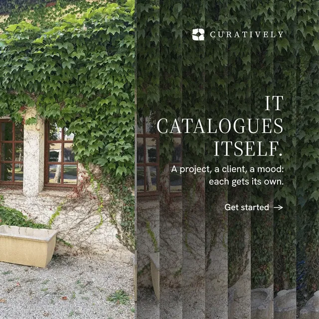 Instagram post for Curatively: "It catalogues itself." Minimal luxury style, right layout, dark palette in grey, black, green.