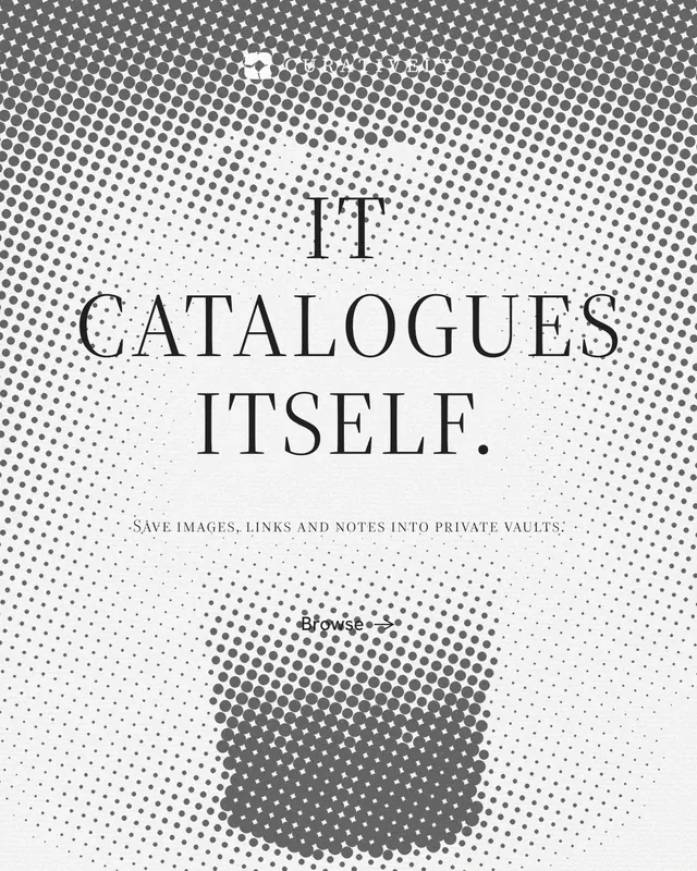 Instagram portrait post for Curatively: "It catalogues itself." Split block style, smallcaps layout, light palette in grey, white.