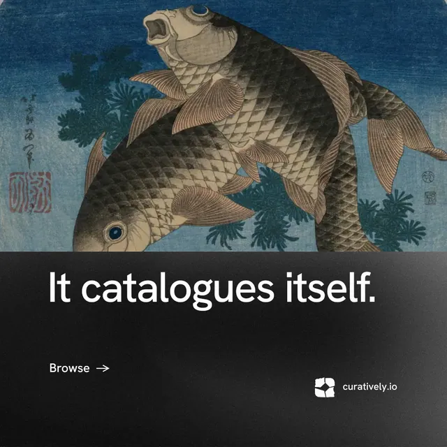 Instagram post for Curatively: "It catalogues itself." Minimal luxury style, bottom layout, dark palette in black, grey.