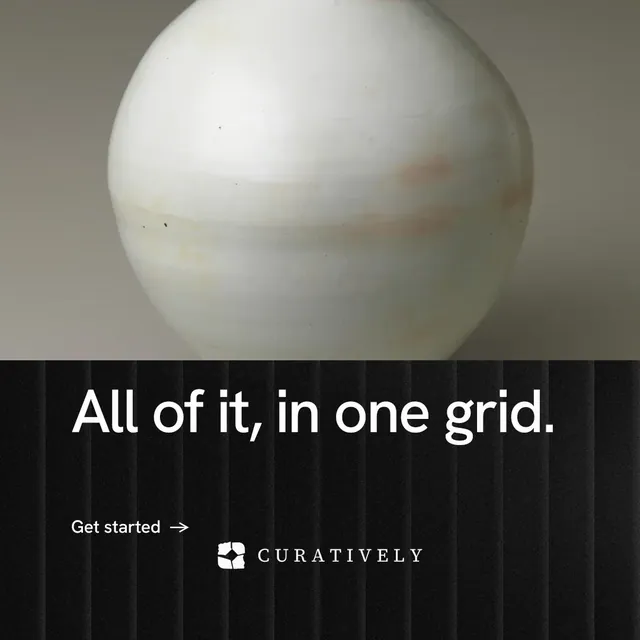 Instagram post for Curatively: "All of it, in one grid." Minimal luxury style, bottom layout, dark palette in black, grey, white.
