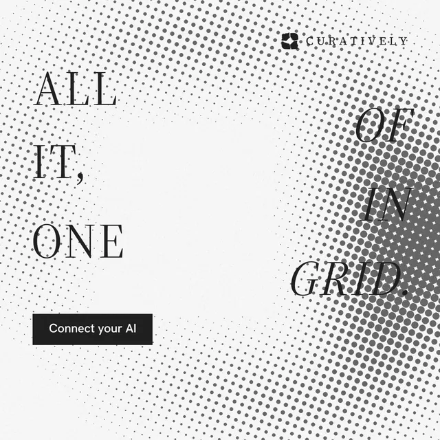Instagram post for Curatively: "All of it, in one grid." Split block style, stacked layout, light palette in white, grey.