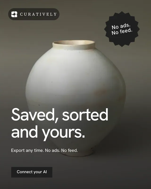 Instagram portrait post for Curatively: "Saved, sorted and yours." Swiss style, sticker layout, dark palette in grey, black.