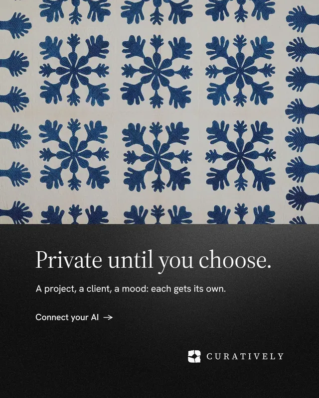 Instagram portrait post for Curatively: "Private until you choose." Minimal luxury style, bottom layout, dark palette in grey, black, blue.
