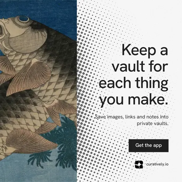 Instagram post for Curatively: "Keep a vault for each thing you make." Split block style, right layout, light palette in grey, black, white.