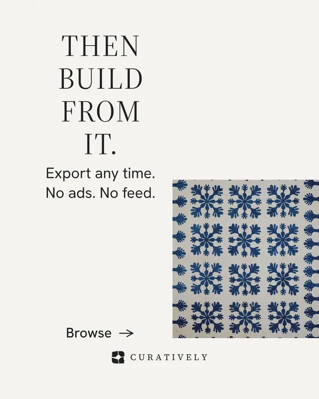 Instagram portrait post for Curatively: "Then build from it." Minimal luxury style, skeleton layout, light palette in white, grey.