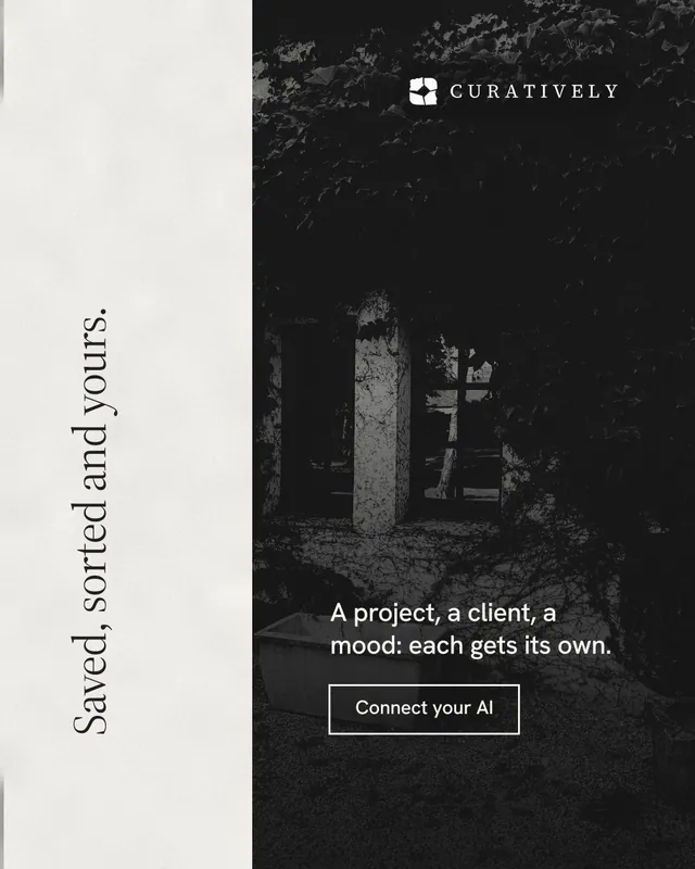 Instagram portrait post for Curatively: "Saved, sorted and yours." Editorial style, vertical layout, dark palette in white, black.