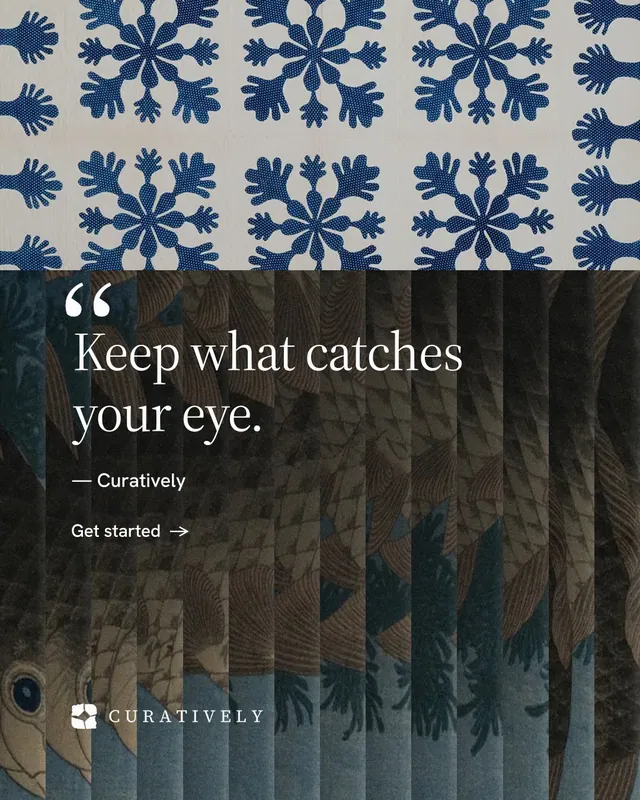 Instagram portrait post for Curatively: "Keep what catches your eye." Minimal luxury style, quote layout, dark palette in grey, black.