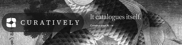 LinkedIn banner for Curatively: "It catalogues itself." Minimal luxury style, logo hero layout, dark palette in grey, black.