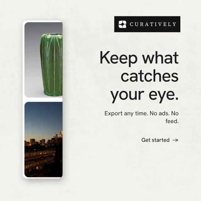 Instagram post for Curatively: "Keep what catches your eye." Minimal luxury style, right layout, light palette in white, grey.