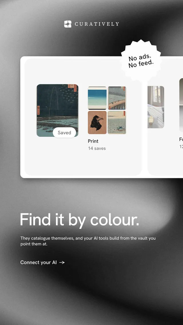 Instagram story for Curatively: "Find it by colour." Minimal luxury style, sticker layout, light palette in white, black, grey.