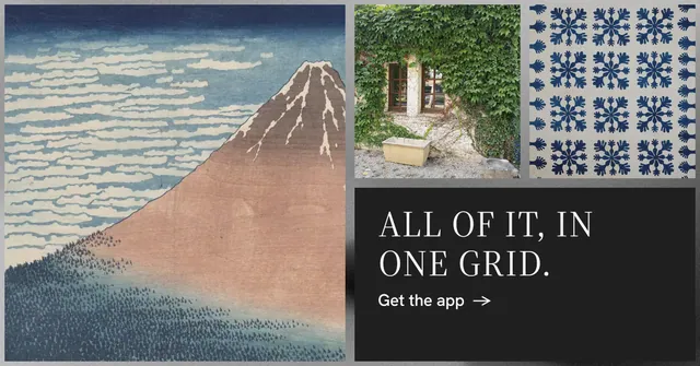 Social ad for Curatively: "All of it, in one grid." Minimal luxury style, collage layout, light palette in black, grey.
