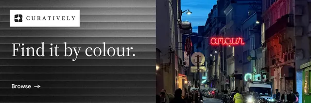 X header for Curatively: "Find it by colour." Minimal luxury style, bottom layout, dark palette in black, grey.