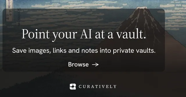 Social ad for Curatively: "Point your AI at a vault." Minimal luxury style, skeleton layout, dark palette in black, grey.
