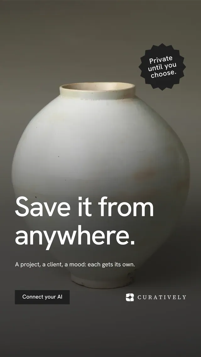 Instagram story for Curatively: "Save it from anywhere." Swiss style, sticker layout, dark palette in grey, black.