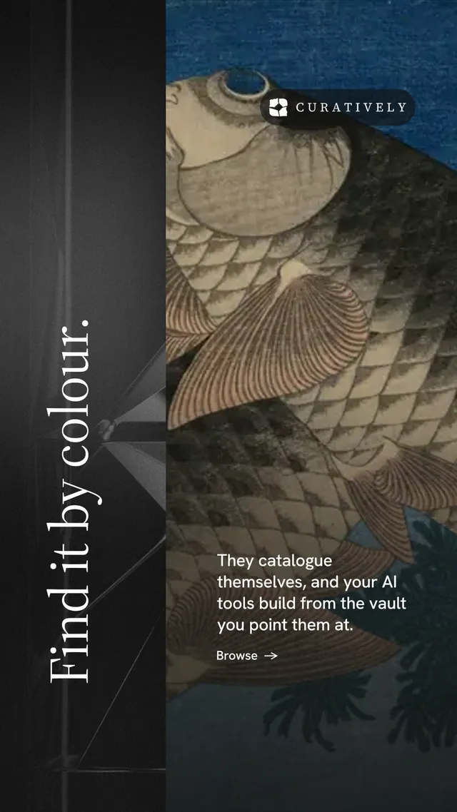 Instagram story for Curatively: "Find it by colour." Minimal luxury style, vertical layout, dark palette in black, grey.