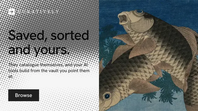 Landscape graphic for Curatively: "Saved, sorted and yours." Swiss style, bottom layout, light palette in grey, blue, white.