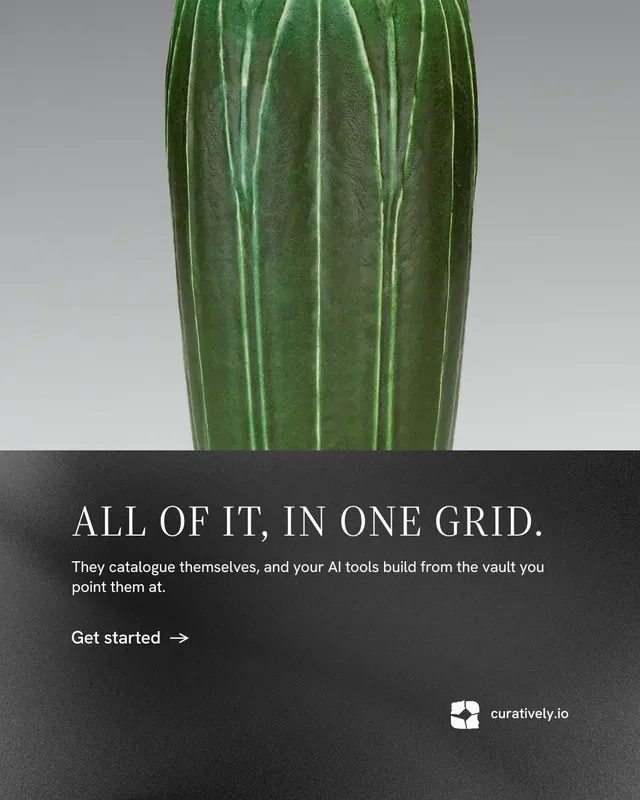 Instagram portrait post for Curatively: "All of it, in one grid." Minimal luxury style, bottom layout, dark palette in grey, black.