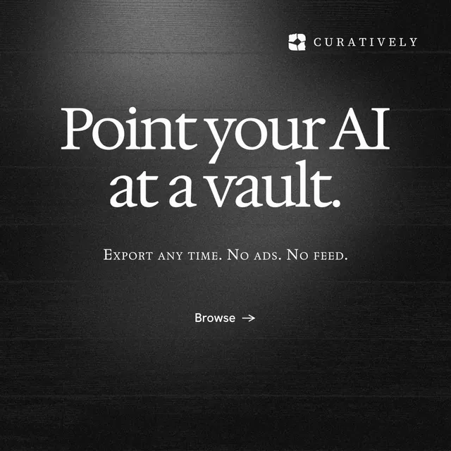 Instagram post for Curatively: "Point your AI at a vault." Swiss style, smallcaps layout, dark palette in black, grey.