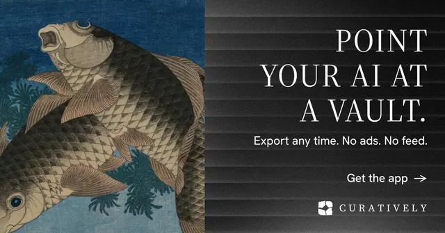 Social ad for Curatively: "Point your AI at a vault." Minimal luxury style, right layout, dark palette in black, grey.