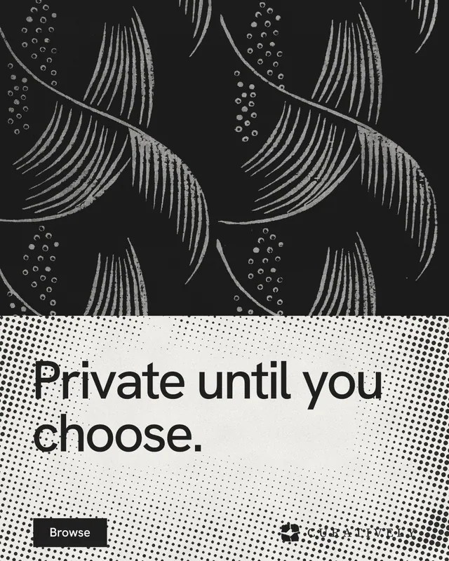 Instagram portrait post for Curatively: "Private until you choose." Swiss style, bottom layout, light palette in black, white, grey.