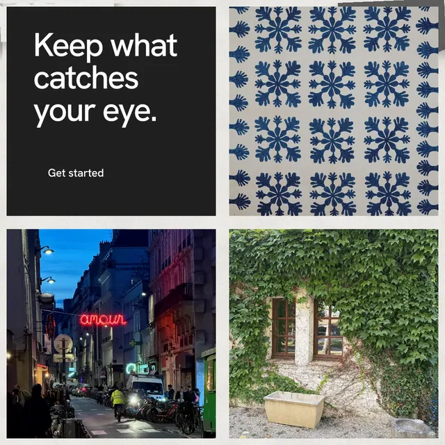 Instagram post for Curatively: "Keep what catches your eye." Swiss style, collage layout, dark palette in black, grey, white.