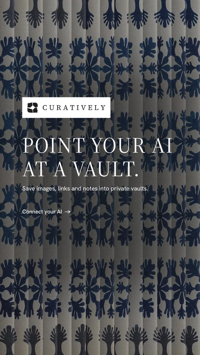 Instagram story for Curatively: "Point your AI at a vault." Minimal luxury style, announce layout, dark palette in black, blue, grey.
