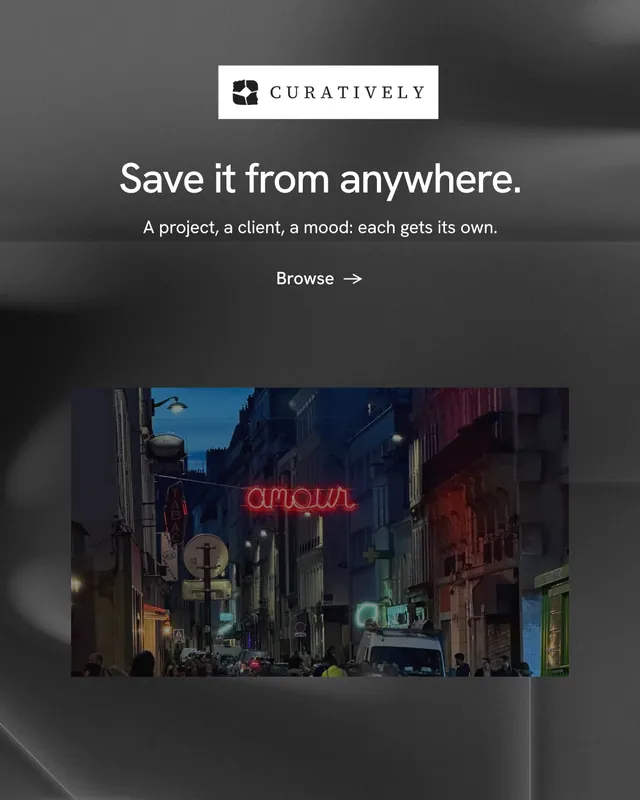 Instagram portrait post for Curatively: "Save it from anywhere." Minimal luxury style, centred layout, dark palette in black, grey.