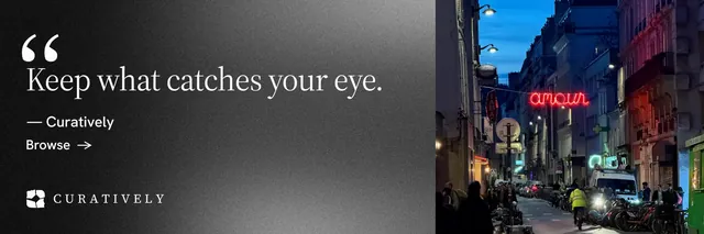 X header for Curatively: "It catalogues itself." Minimal luxury style, quote layout, dark palette in grey, black.