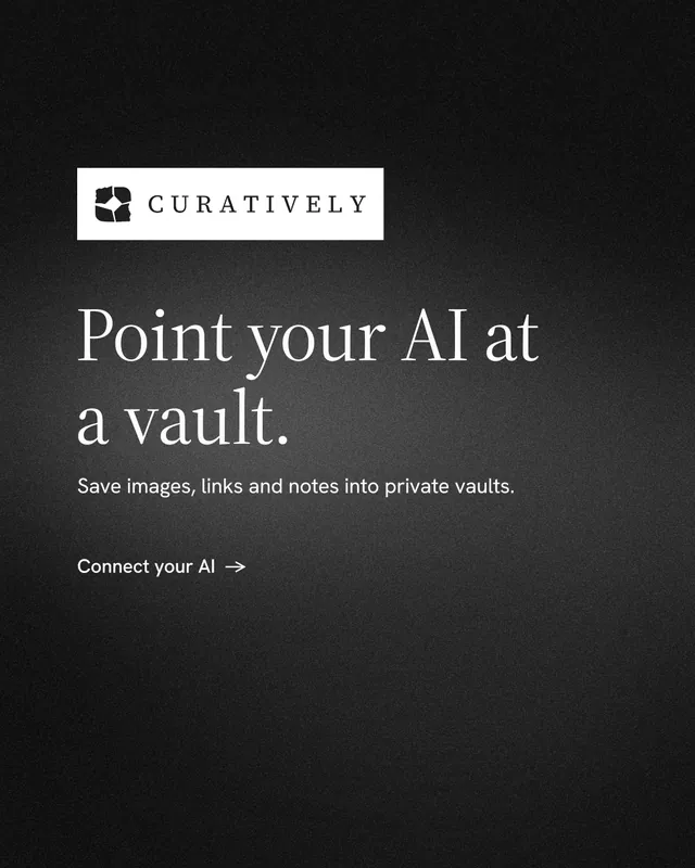 Instagram portrait post for Curatively: "Point your AI at a vault." Minimal luxury style, announce layout, dark palette in black, grey.