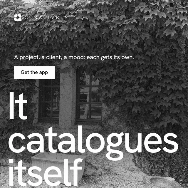Instagram post for Curatively: "Save it from anywhere." Swiss style, oversized layout, dark palette in black, grey, white.